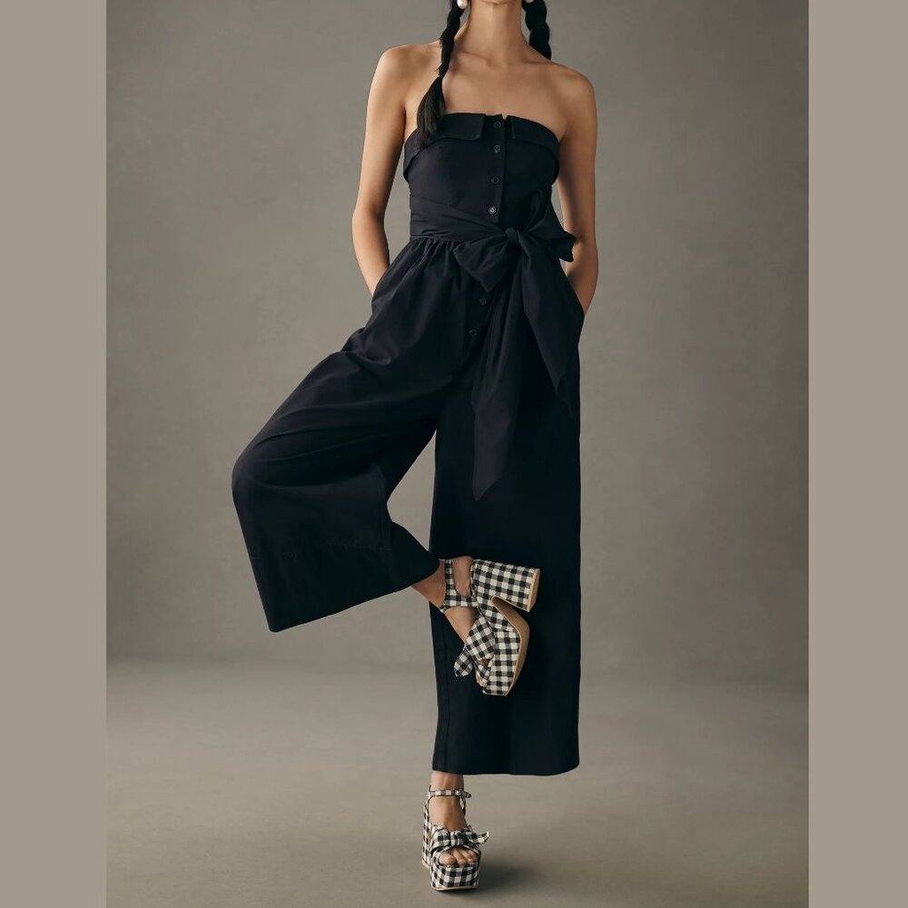 Anthropologie Maeve Strapless Buttondown Wide-Leg Jumpsuit Black 0 Petite 0P